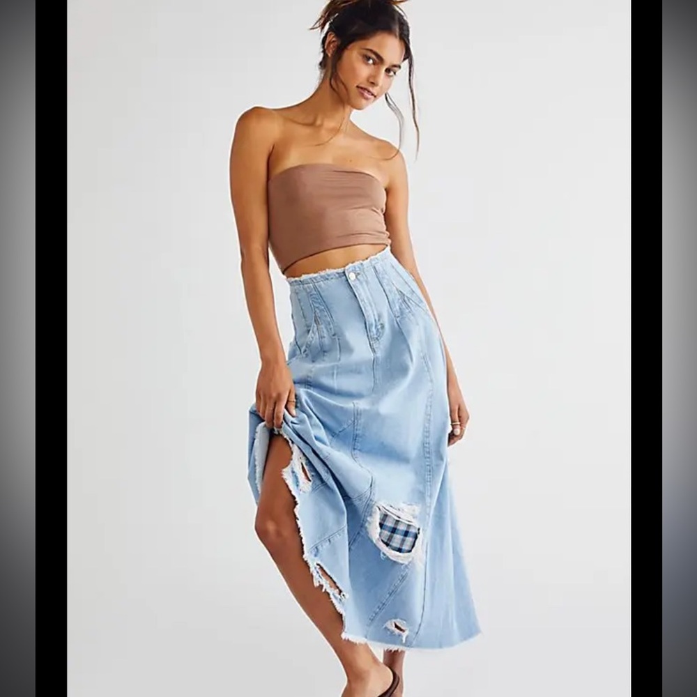 Free People Riptide Maxi Denim Skirt Patch Plaid Flannel